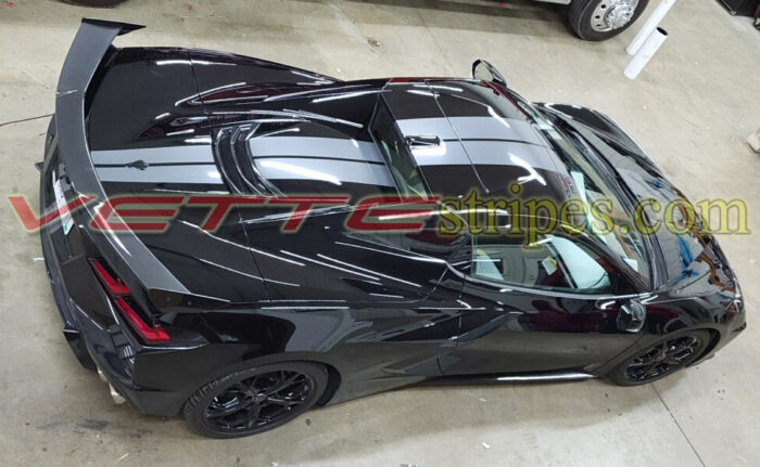 Black C8 Corvette HTC convertible with Cyber Gray dual length dual racing stripes