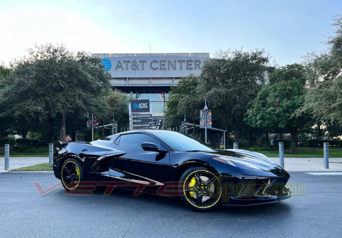 Black C8 Corvette HTC with accelerate yellow Z51 wheel pinstripes
