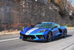 Elkhart lake blue C8 Corvette with GM full length racing stripes in gloss blade silver five eighth wider front stripes