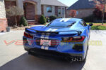 Elkhart lake blue C8 Corvette with GM full length racing stripes in gloss blade silver three quarters wider rear stripes