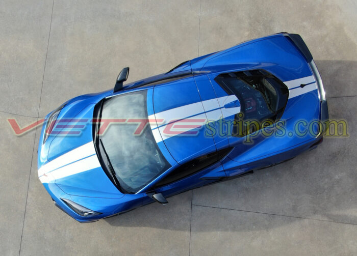 Elkhart lake blue C8 Corvette with GM full length racing stripes in gloss blade silver five eighth wider front stripes