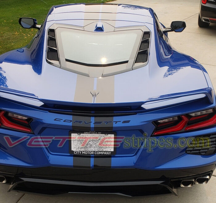 Elkhart lake blue C8 Corvette GM full length dual racing stripes 2 inches wider rear than OEM stripes
