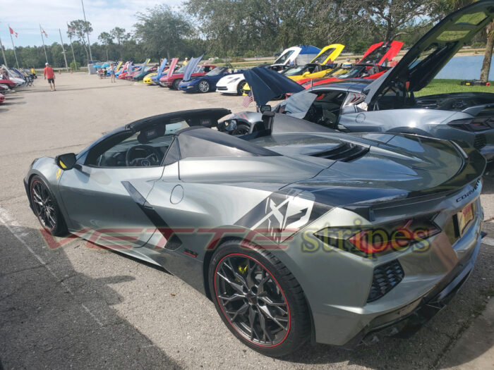 Hyper Gray C8 Corvette HTC convertible with 3M 2080 carbon flash rear fender hash marks with cutout jake skull
