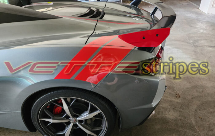 Hyper Gray C8 Corvette HTC convertible with red rear fender hash stripes