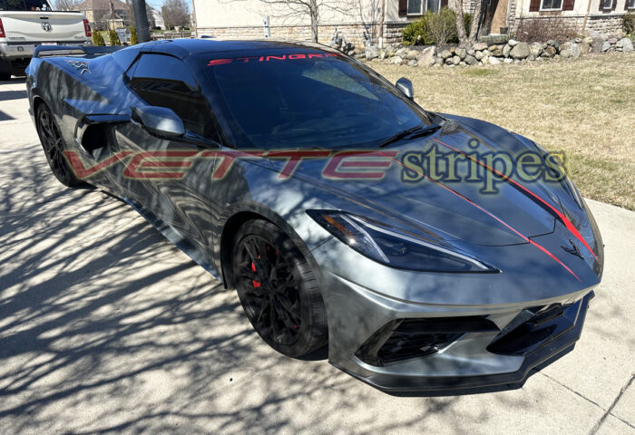 Hypersonic gray C8 Corvette with 3M 2080 gloss carbon flash and bright red brake caliper hood stinger spears
