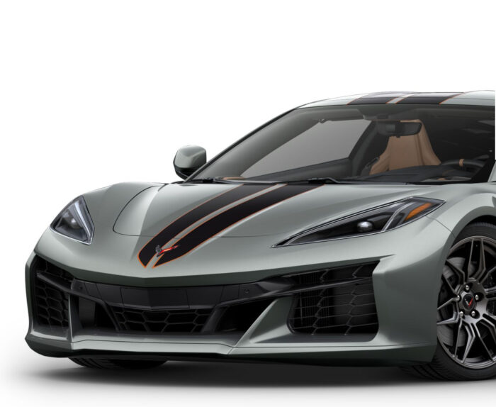 Hypersonic gray C8 Corvette with 2024 style dual racing stripes with pinstripes