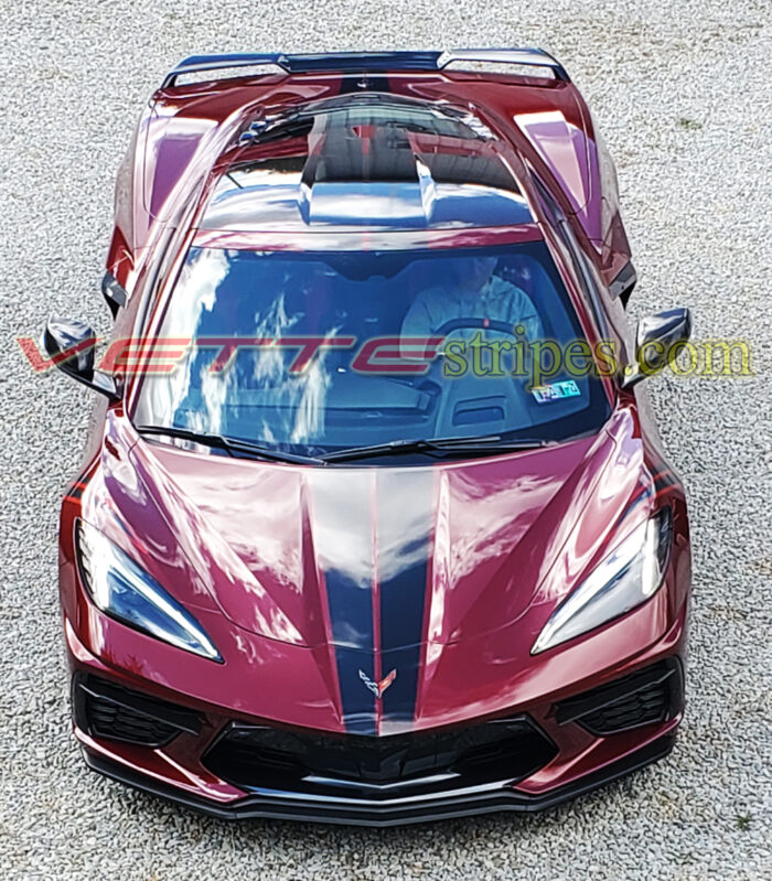 Long beach red C8 Corvette with GM full length dual racing stripes in 3M 1080 carbon flash
