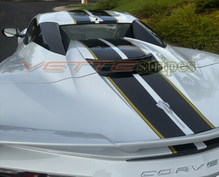 Matix gray C8 Corvette HTC with 2024 press released Eray stripes in 3M 2080 gloss carbon flash and edge yellow