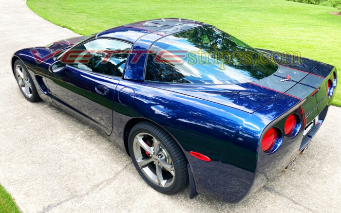 Navy Blue C5 Corvette with racing 4 stripes in cyber gray and red