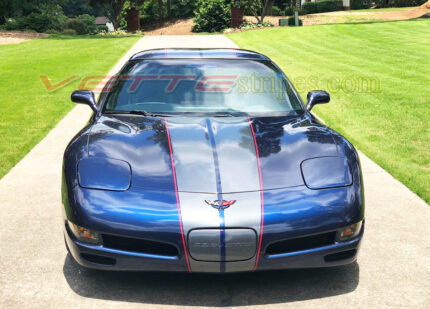 Navy Blue C5 Corvette with racing 4 stripes in cyber gray and red