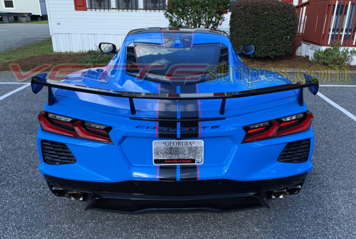 Rapid Blue C8 Corvette Stingray with GM full length dual racing stripes 2 in Gloss carbon flash and red