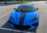 Rapid Blue C8 Corvette Stingray with GM full length dual racing stripes 2 in Gloss carbon flash and red