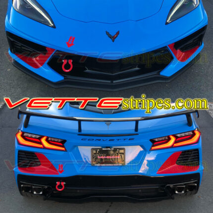 Rapid Blue C8 Corvette with dark red C8R front and rear vent stripes