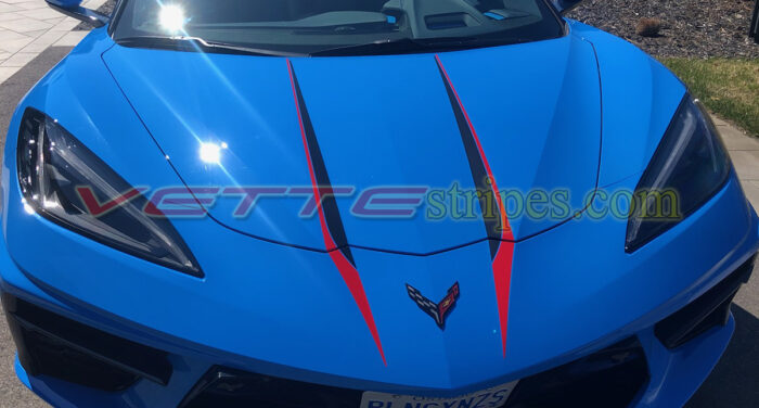 Rapid blue C8 Corvette with Adrenaline red and carbon flash hood spear stinger stripes