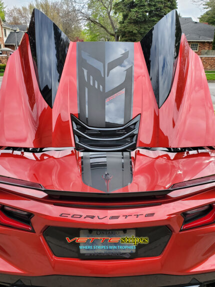 Red Mist C8 Corvette HTC with full package Stingray R hood and rear stripes in 3M 2080 gloss carbon flash and carbon fiber