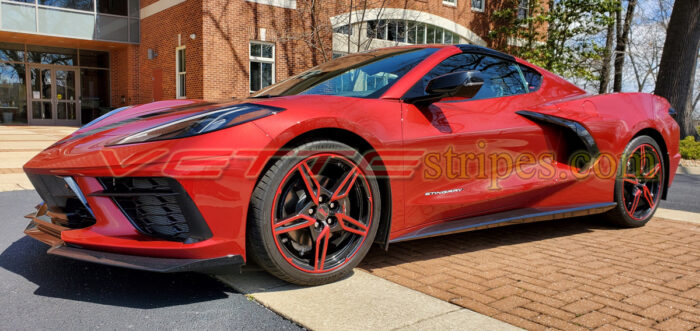 Red mist C8 Corvette with red mist Z51 wheel pinstripes and opened spoke wheel decals