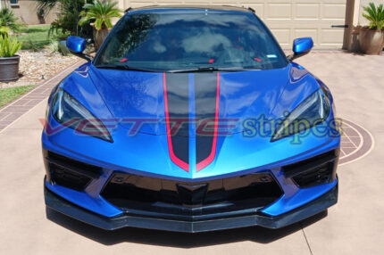 Riptide blue C8 Corvette with 3M 2080 HG gloss carbon flash and adrenaline red 2024 full length racing stripes