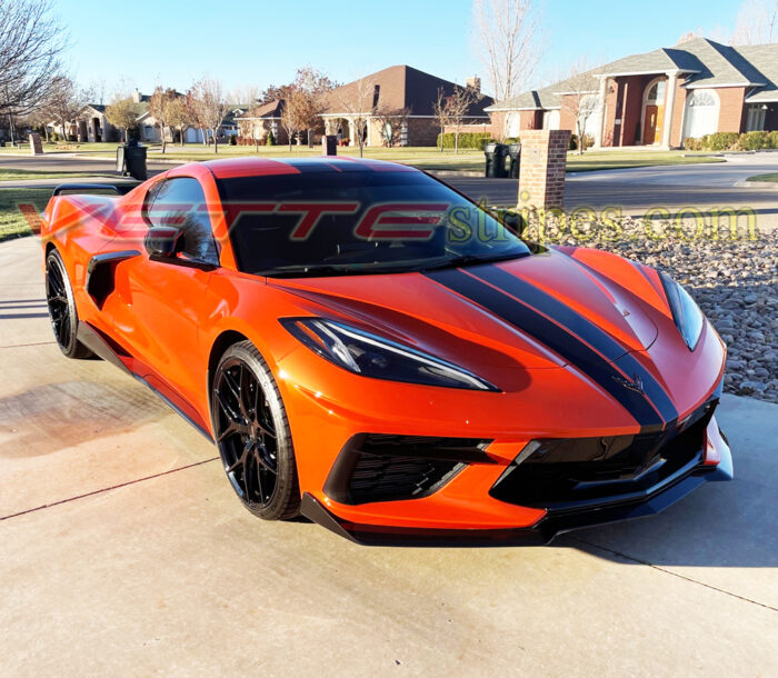 Sebring Orange C8 Corvette coupe with GM full length dual racing stripes in 3M 1080 gloss carbon flash