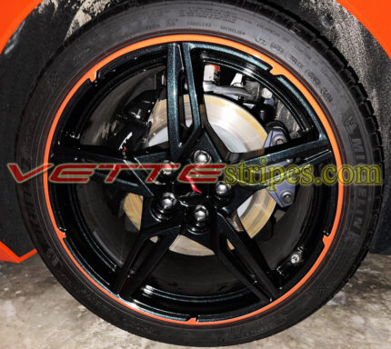 Sebring Orange C8 Corvette open spoke wheel pinstripes with shark fins