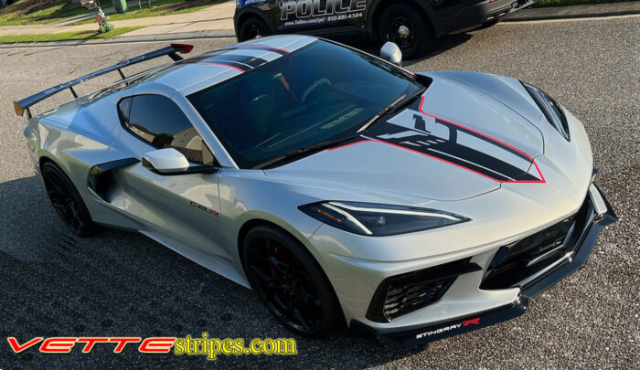 Silver C8 Corvette coupe with gloss carbon flash stinger and red border