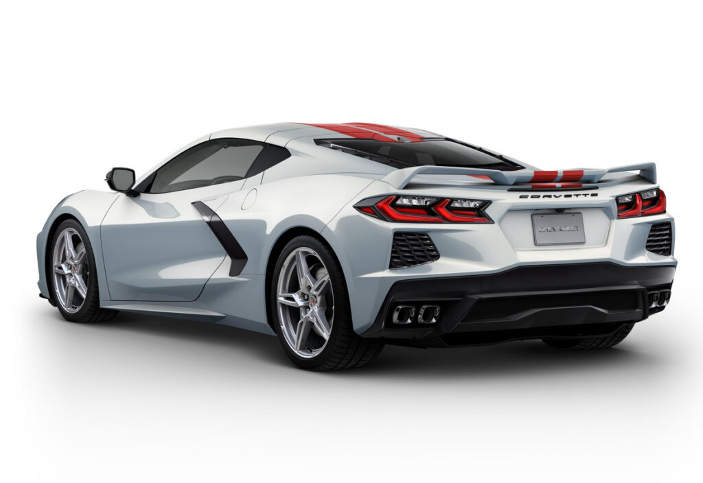Silver C8 Corvette with 2024 racing stripes