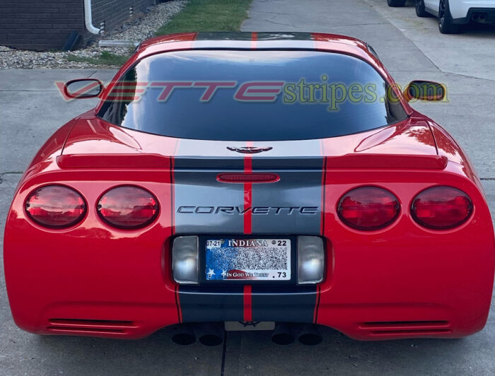 Torch red C5 coupe with racing stripes 4 in cyber gray and black