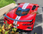 Torch red C8 Corvette Stingray coupe racing 2 stripes with custom wider pinstripes