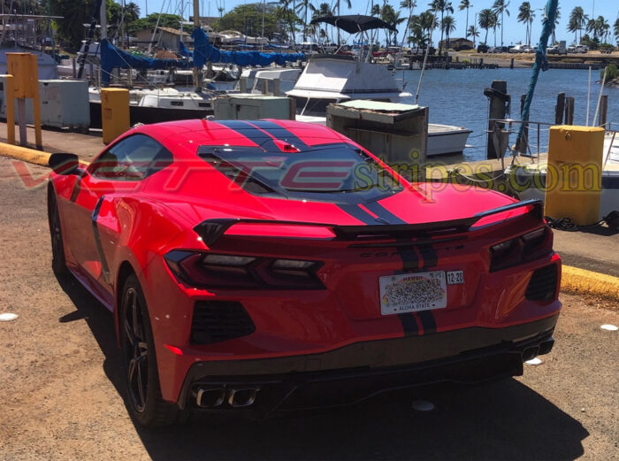 Torch red C8 Corvette with gloss carbon flash dual racing stripes