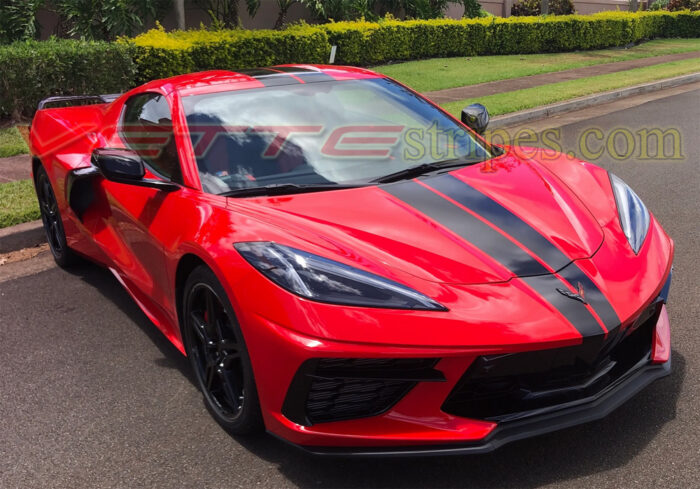 Torch red C8 Corvette with gloss carbon flash dual racing stripes