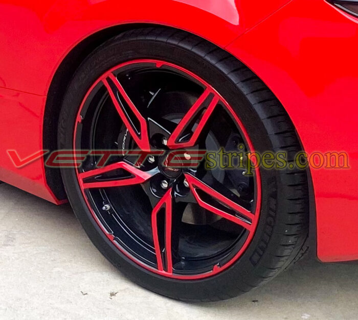 Torch red C8 Corvette with wheel pinstripes and open spoke wheel decals