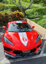 Torch red C8 coupe with gloss white ME racing stripes