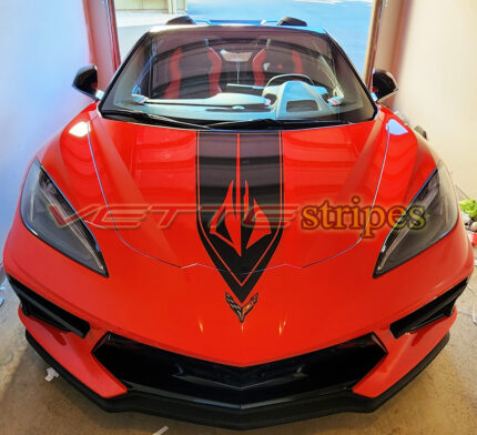 Torch red C8 with 3M 2080 gloss carbon flash ME stripes and stingray logo cutout