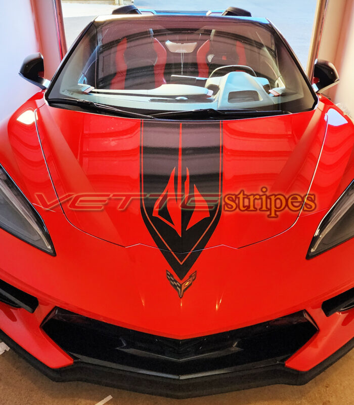 Torch red C8 with 3M 2080 gloss carbon flash ME stripes and stingray logo cutout