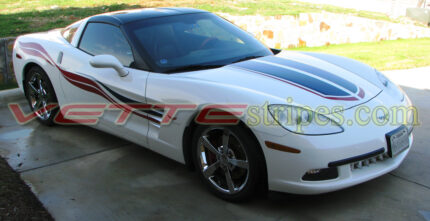 White C6 Corvette coupe with gloss black and red CE stripes and side stripes