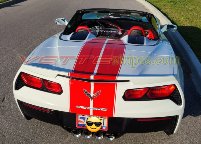 White C7 Corvette Stingray convertible with GM full racing stripe 2 in adrenaline red