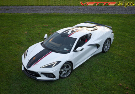 White C8 Corvette Stingray coupe with 70 anniversary stripes in 3M 2080 gloss carbon flash and gloss edge red