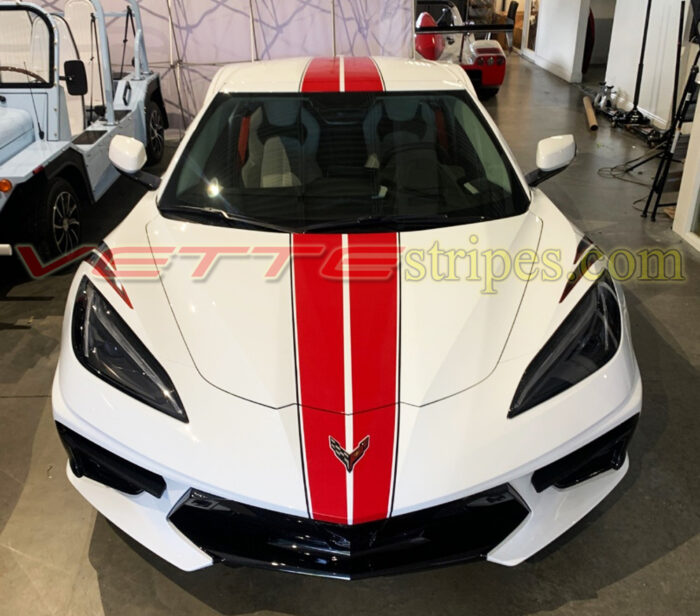 White C8 Corvette Stingray coupe with GM full length dual racing stripes 2 in torch red and carbon flash