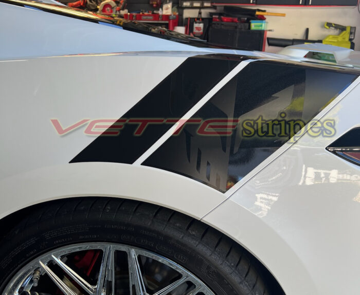 White C8 Corvette Stingray with Stingray R rear fender hash marks in 3M 2080 gloss carbon flash and satin black