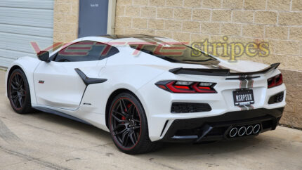 White C8 Corvette Z06 with pewter and edge red racing 2 stripes 3 quarter wider rear stripes