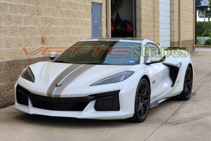 White C8 Corvette Z06 with pewter and edge red racing 2 stripes wider front to match hood lines