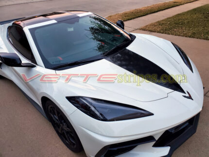 White C8 Corvette coupe with 3M 2080 gloss carbon flash stinger center stripe
