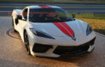 White C8 Corvette coupe with C8R stripes in 3M 2080 gloss red and carbon flash