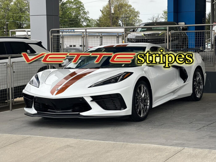 White C8 Corvette with 2024 full length dual racing stripes in Texas Longhorn orange