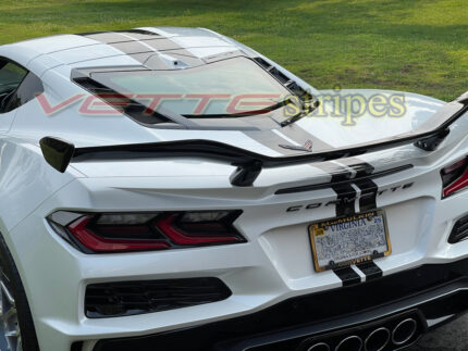 White C8 Z06 Corvette with 3M 2080 gloss carbon flash OEM racing stripes with all cutouts option