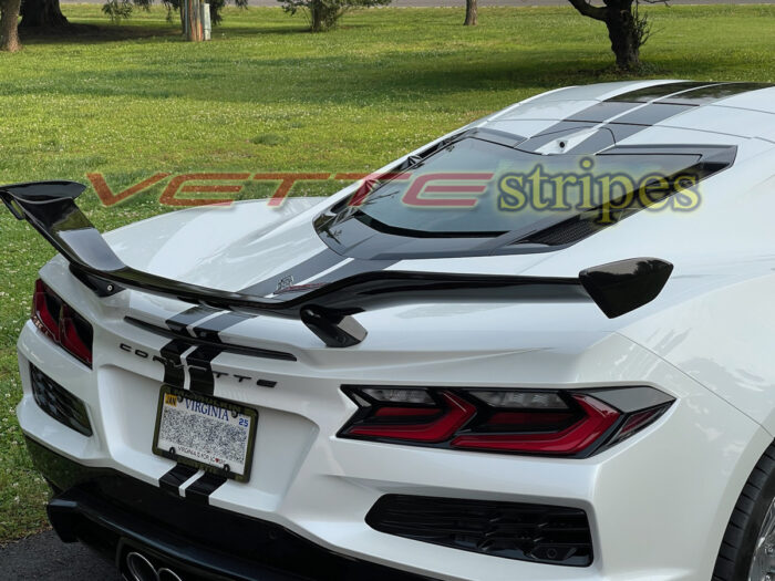 White C8 Z06 Corvette with 3M 2080 gloss carbon flash OEM racing stripes with all cutouts option