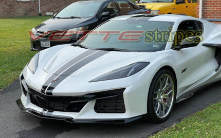 White C8 Z06 Corvette with 3M 2080 gloss carbon flash OEM racing stripes with lower front bumper stripes option