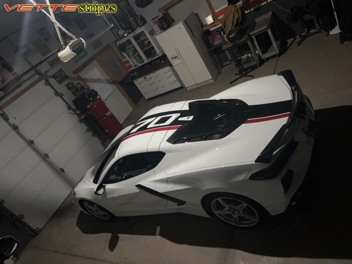 White C8 corvette Stingray coupe with 2023 Pace Car stripes