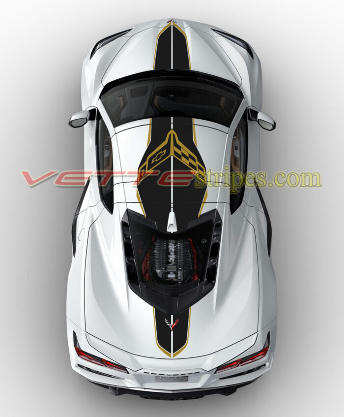 White C8 Corvette Z06 Coupe with carbon flash and bronze C8R stripes