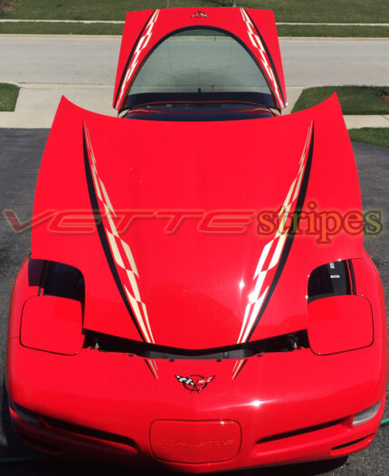 torch red c5 corvette with sandstone and black super hood stripe and outer hood spear